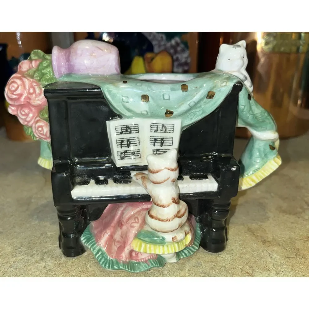 Karen Hahn Enesco Taiwan Vintage Cats On Piano Planter‎ Ceramic 1994